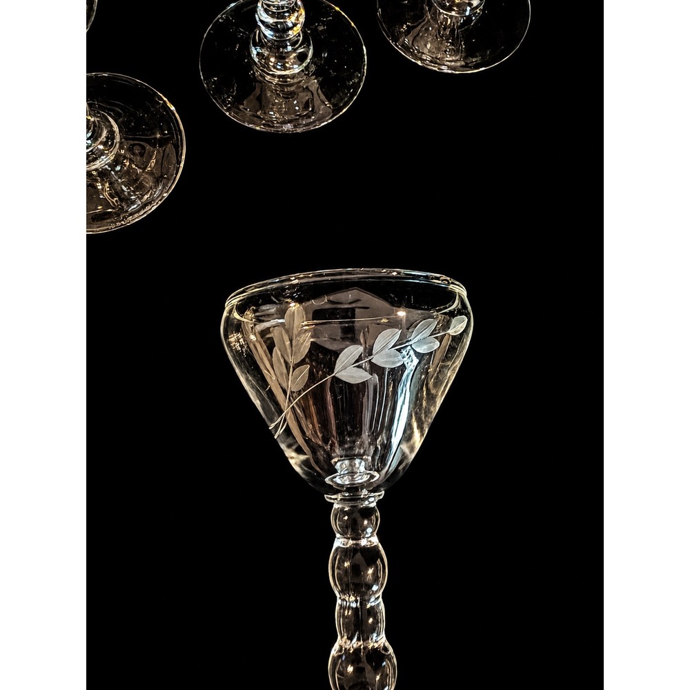 Vintage Etched Glass Cordial Stemware Set 7 Laurel Leaf Triple Ball Stem Clear - Picture 2 of 3
